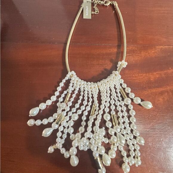 Chico's ASTER FRINGE Necklace Pearl Waterfall Gold Cream NWT $69 Statement - Picture 10 of 10